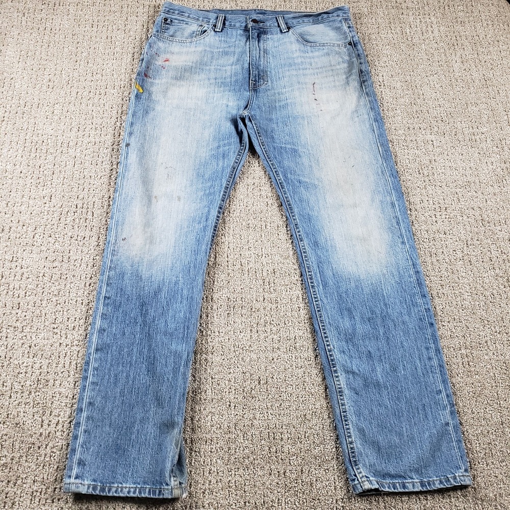 Levis 505 Jeans Mens 36x32 Blue Straight Faded Wash Paint Distressed